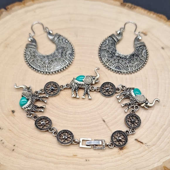 Jewelry - Silver and Turquoise Elephant Bracelet and Earring Set